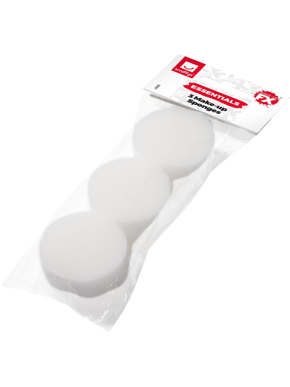 Three round white make-up sponges in a clear bag