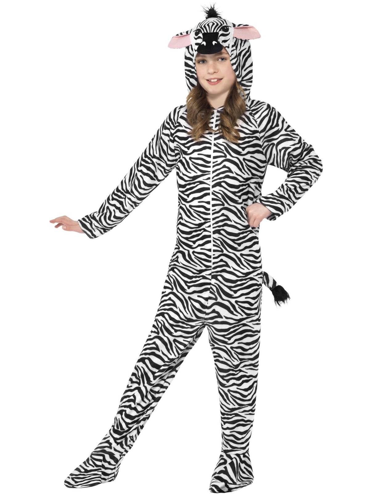 Child in a black and white zebra print hooded onesie with attached boot covers and zebra face hood