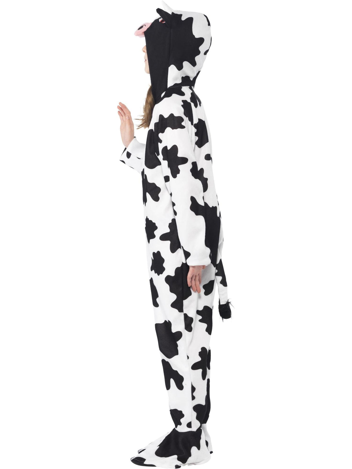 Alternate side view of the cow print hooded onesie