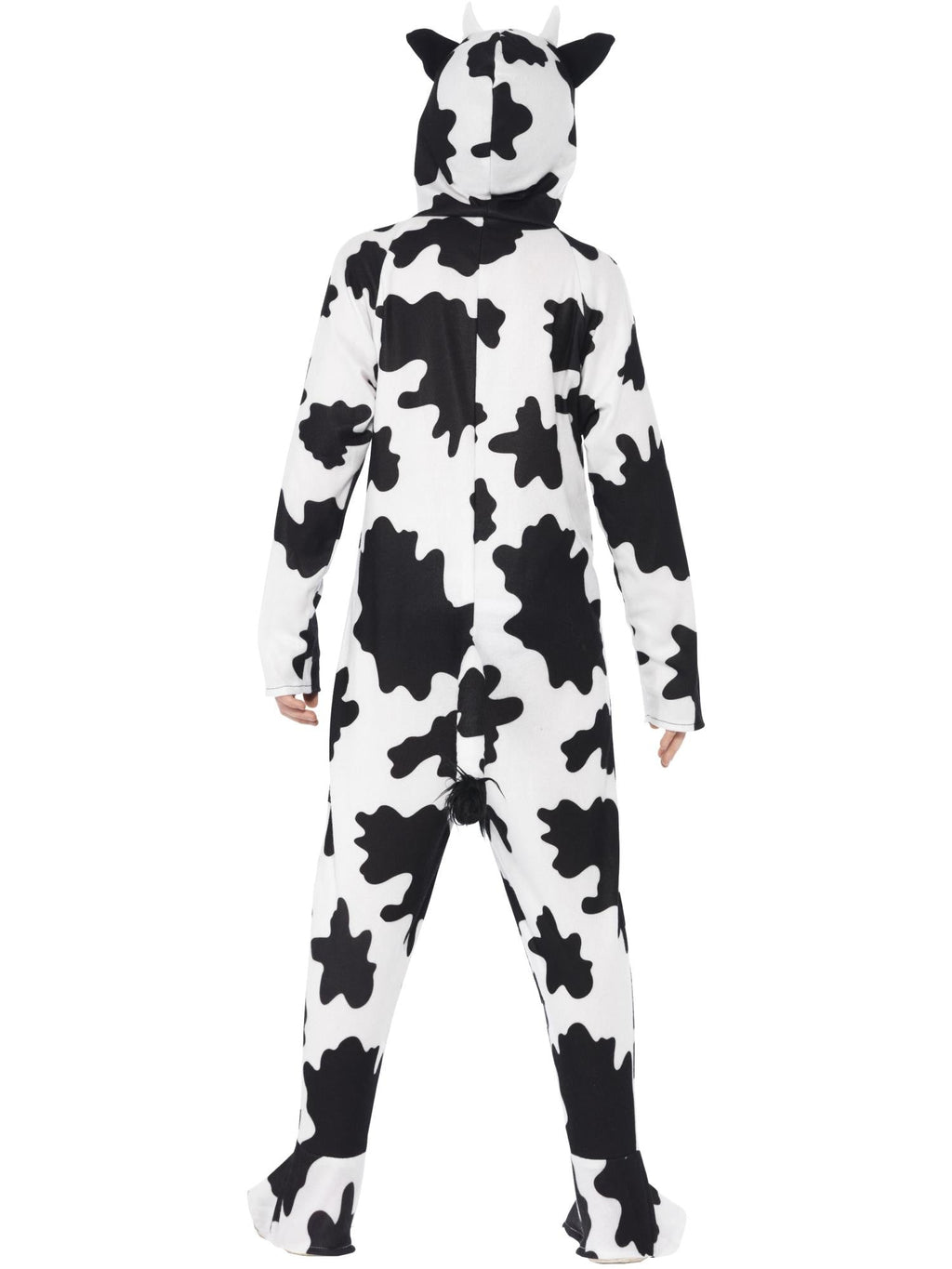 Back view of the cow print hooded onesie with tail