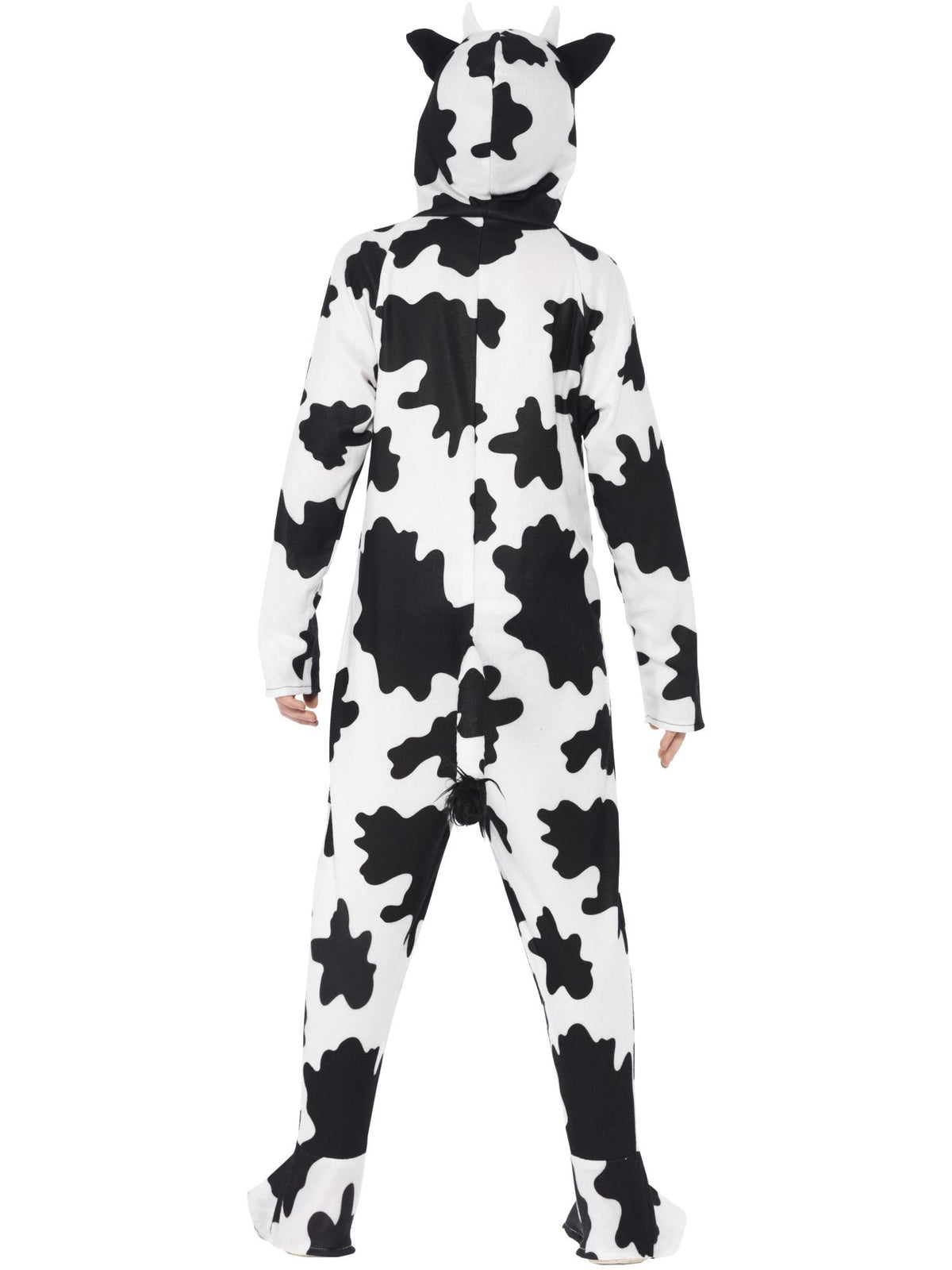 Back view of the cow print hooded onesie with tail