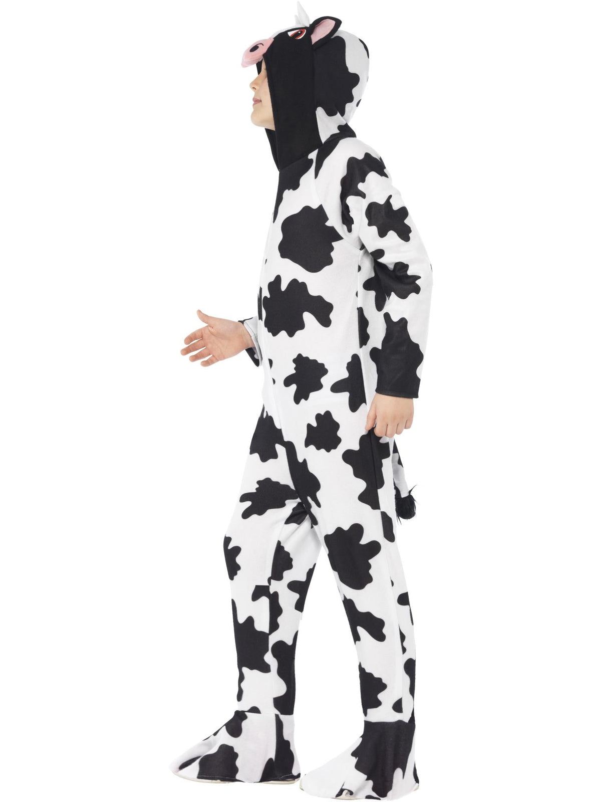 Side view of the cow print hooded onesie with tail
