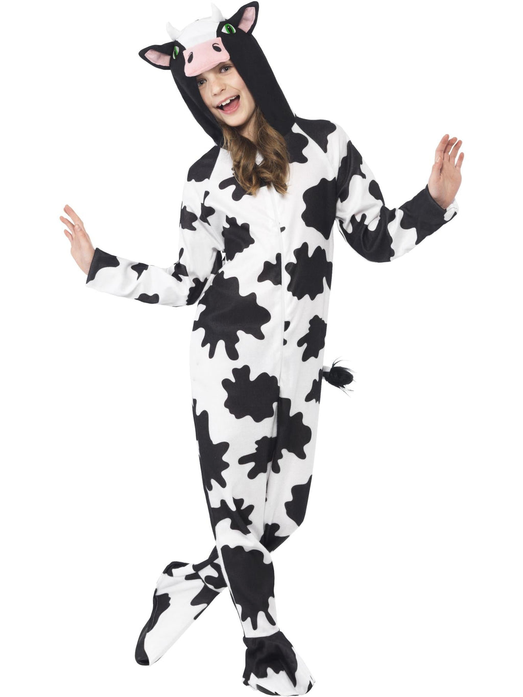 Child in black and white cow print hooded onesie with horns and tail