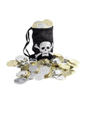 Black pirate coin bag with skull and crossbones and a pile of gold and silver coins