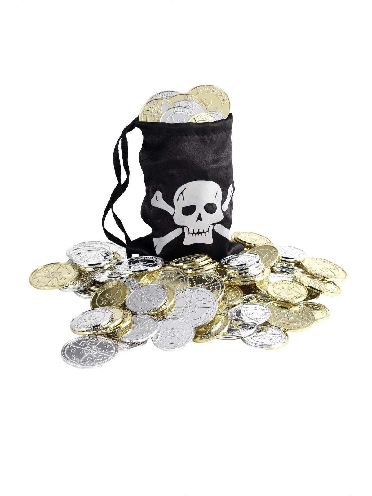Black pirate coin bag with skull and crossbones and a pile of gold and silver coins