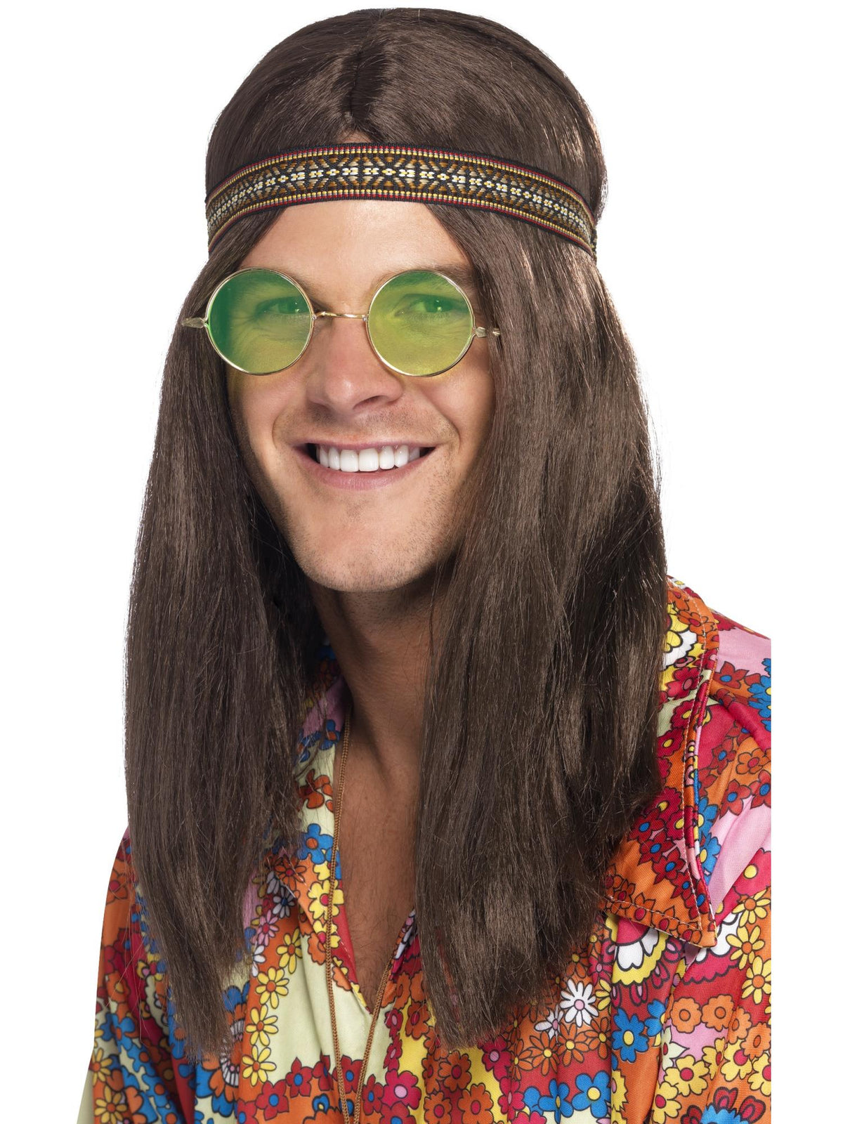 Man wearing round green-lens hippie glasses and a patterned headband