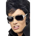 Man wearing Elvis silver-framed shades with dark lenses