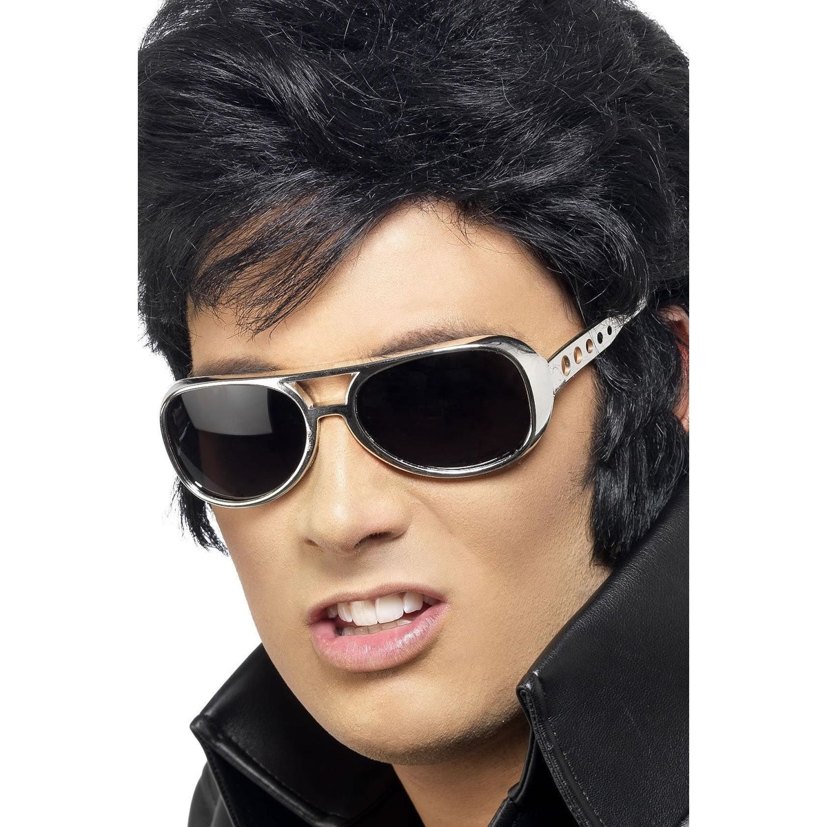 Man wearing Elvis silver-framed shades with dark lenses
