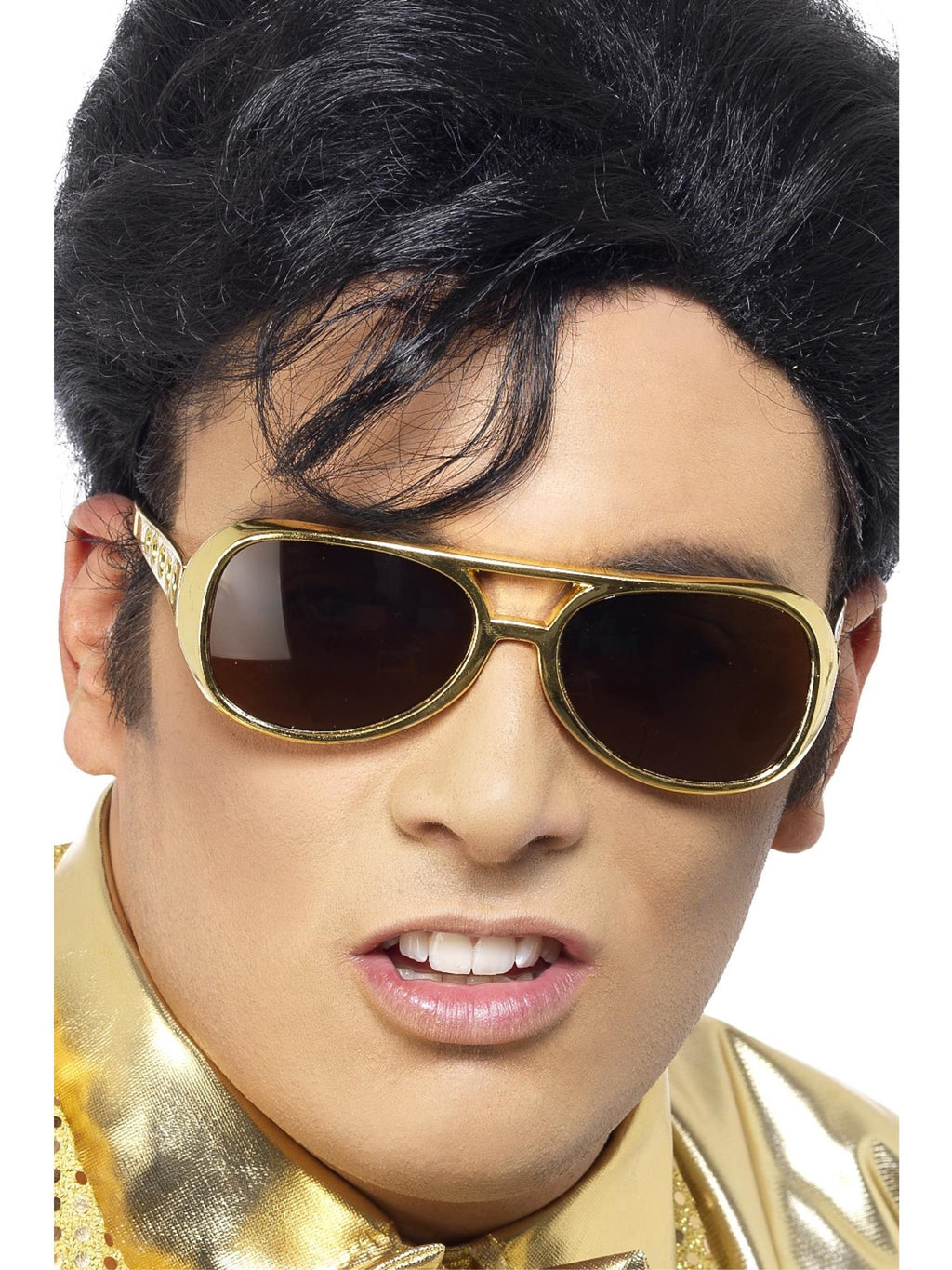 Man wearing Elvis gold-framed shades with tinted lenses