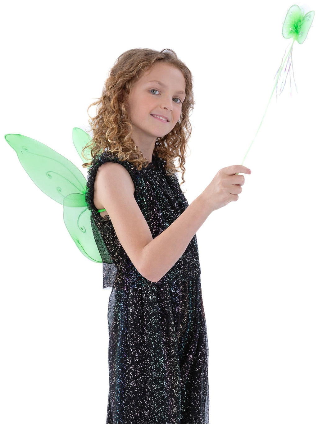 Girl wearing green butterfly wings and holding a matching green butterfly wand