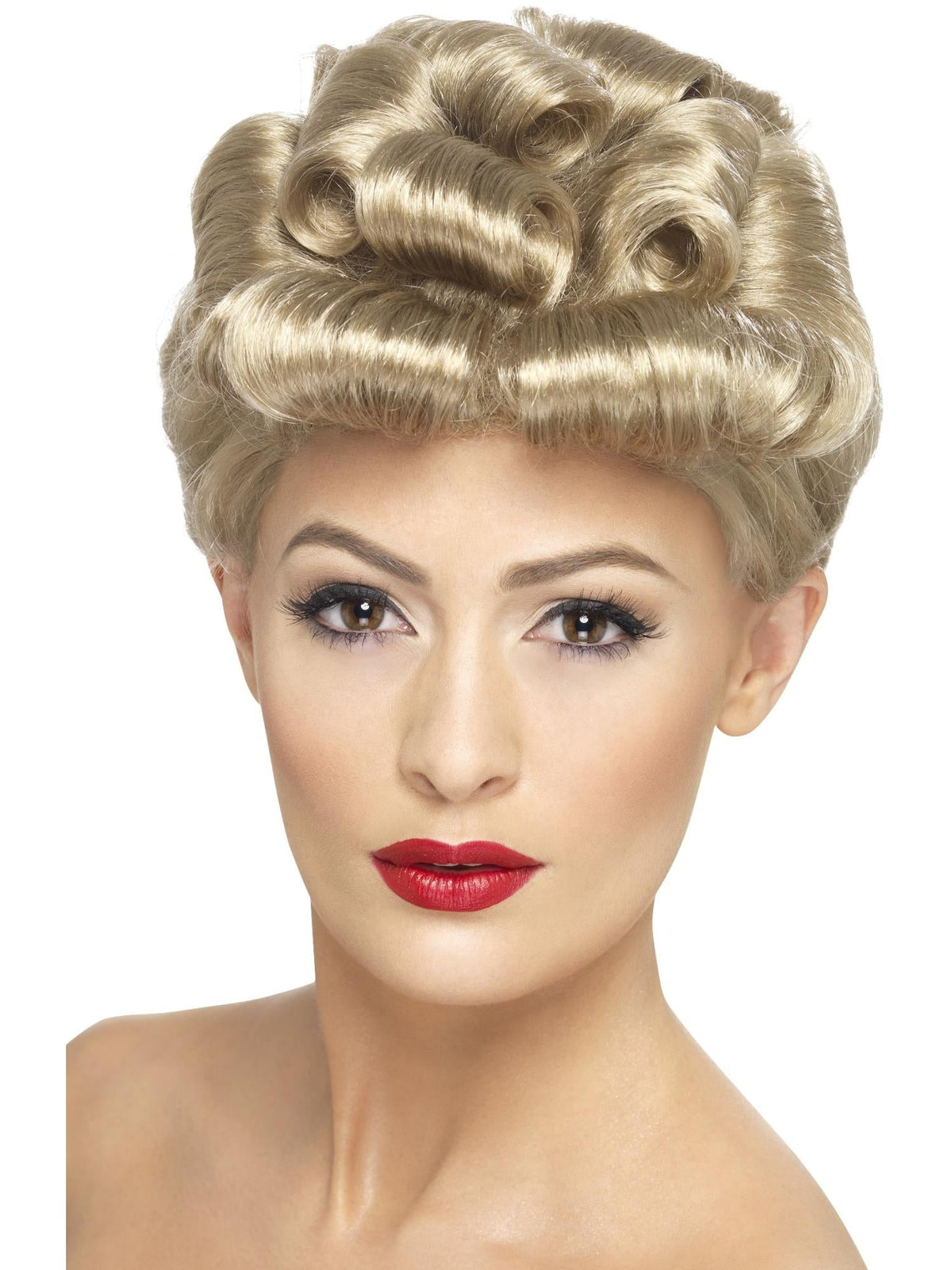 Woman wearing a blonde 40s vintage wig styled in pinned curls