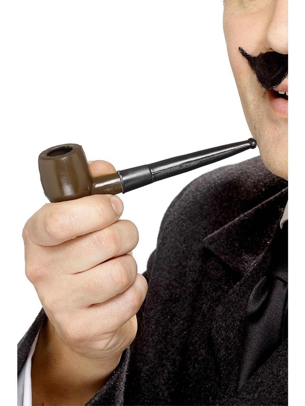 Hand holding a brown plastic smoking pipe prop