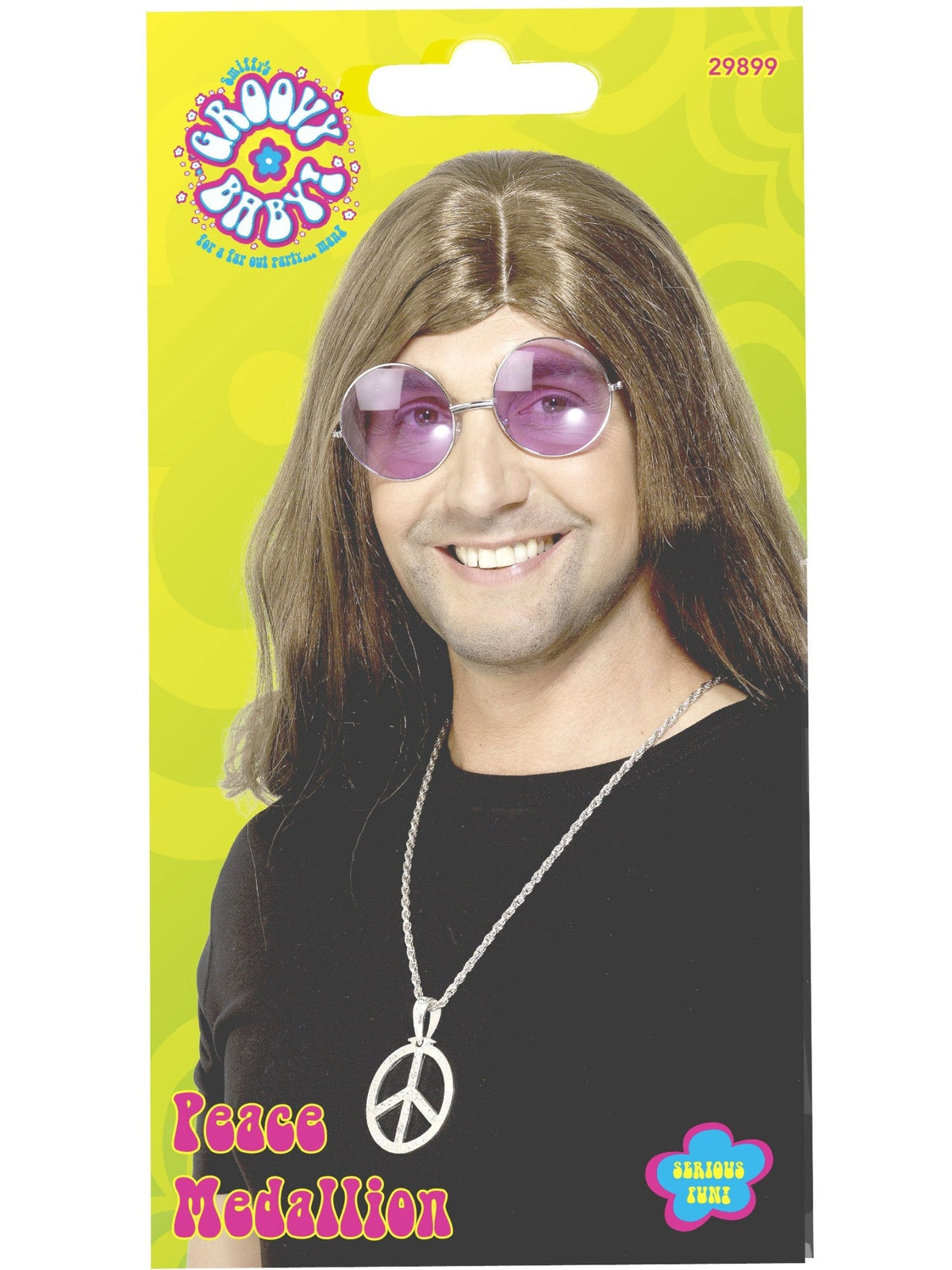 Peace sign medallion in its retail packaging