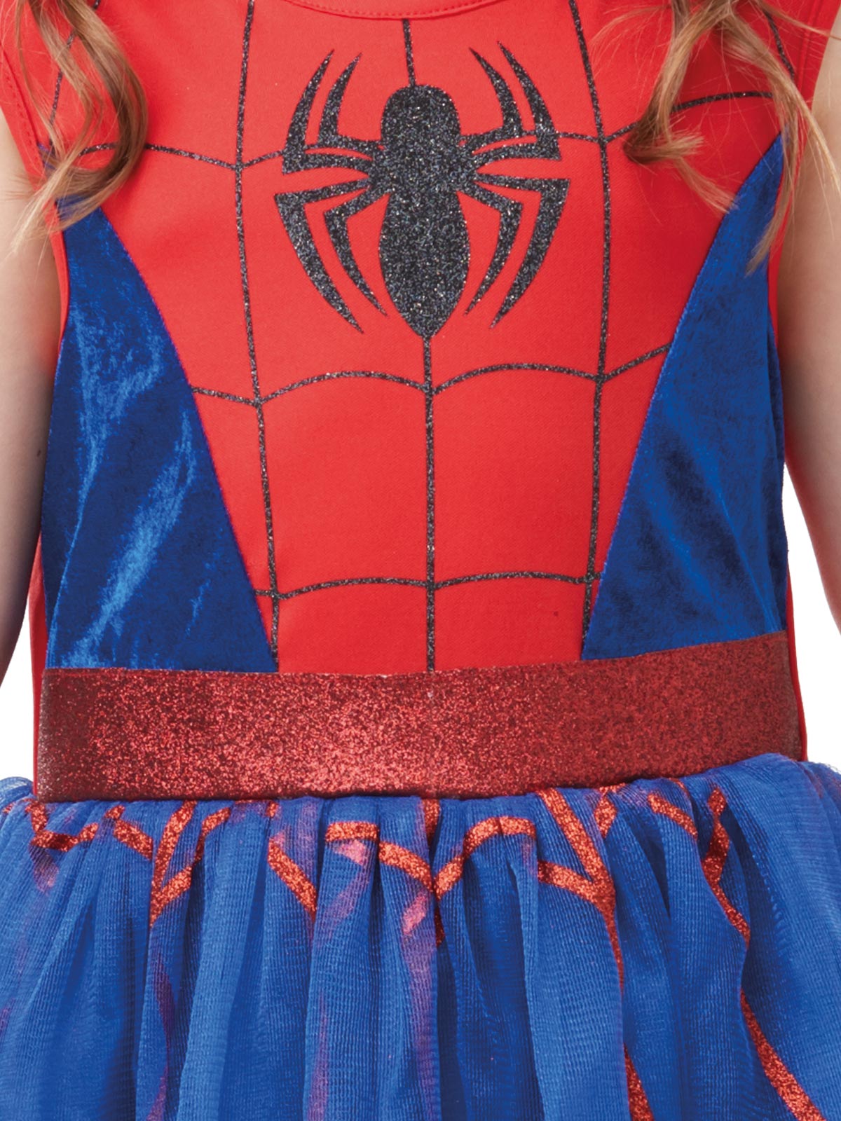 Close-up of the Spider-Girl velour bodice with black spider emblem and red glitter waist sash