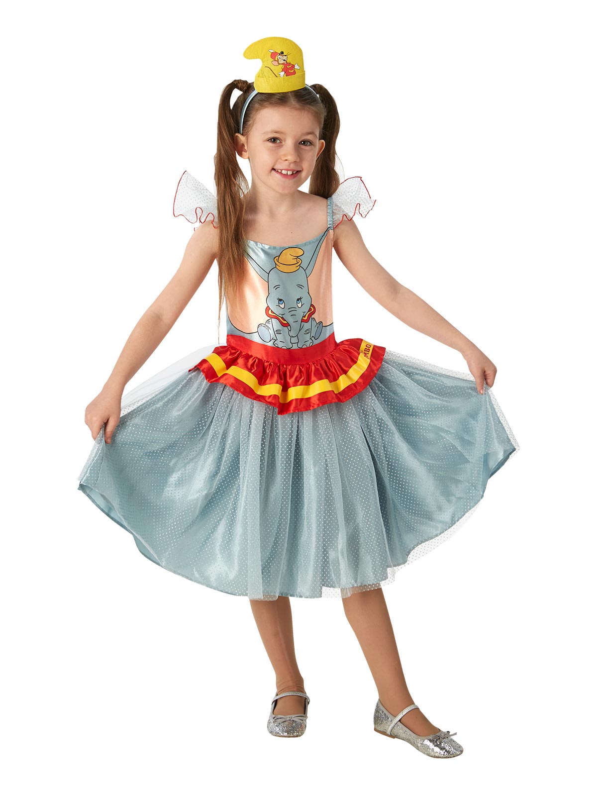 Girl in Dumbo tutu dress with character bodice, blue glitter skirt and mini hat headband