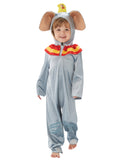 Child in grey Dumbo jumpsuit with big-eared hood and yellow and red neck frill