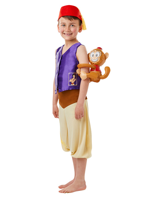 Side view of the Aladdin costume with purple vest, red hat and Abu monkey toy on the shoulder
