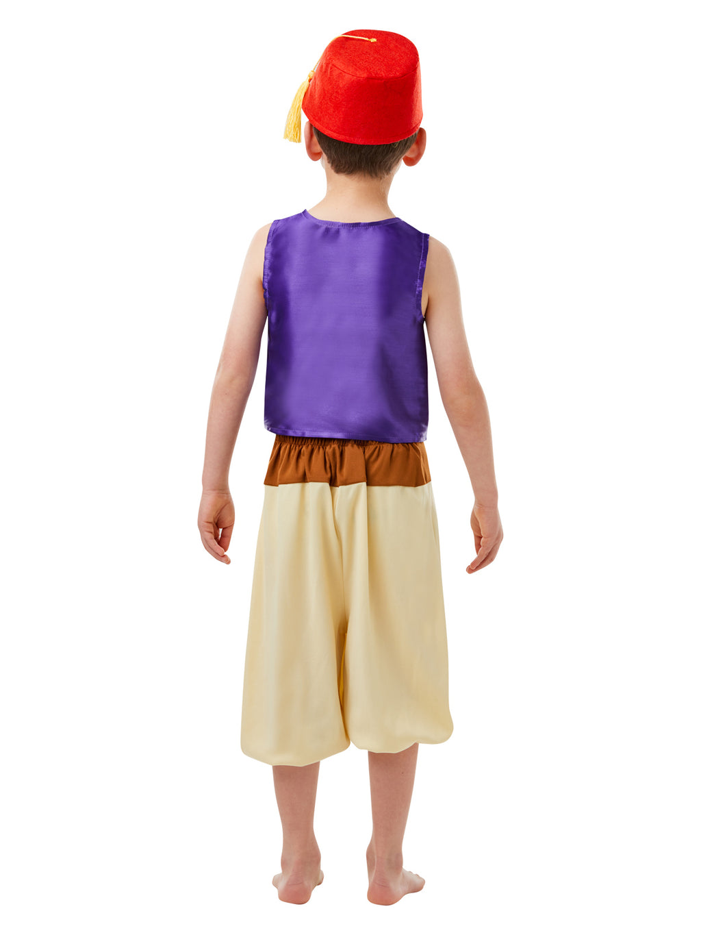Back view of the Aladdin costume showing the purple vest, cream pants and red hat