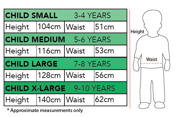 Size chart for the Aladdin Deluxe Costume, Child