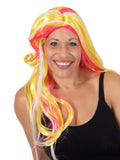Woman wearing a long blonde UV wig showing pink streaks in sunlight