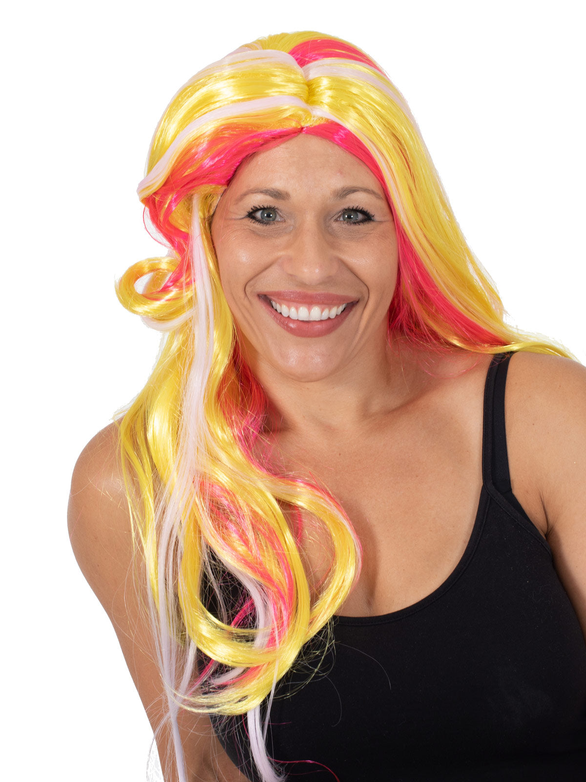 Woman wearing a long blonde UV wig showing pink streaks in sunlight