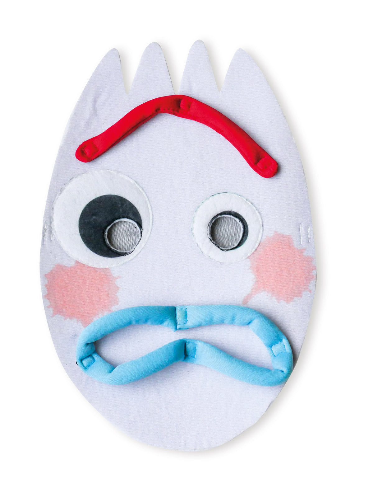 Forky face mask with googly eyes, red unibrow, pink cheeks and blue frown