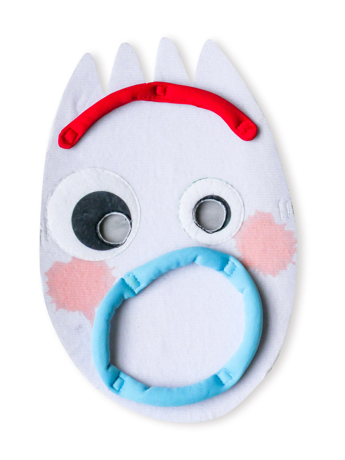 Forky face mask with googly eyes, red unibrow and open blue mouth