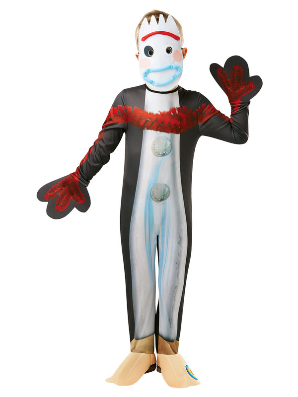 Child in the Toy Story Forky jumpsuit with a spork face mask, red pipe-cleaner arms and craft-stick feet