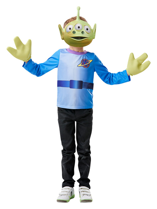 Child in Toy Story Alien costume with blue top, purple collar, green three-eyed mask and green gloves