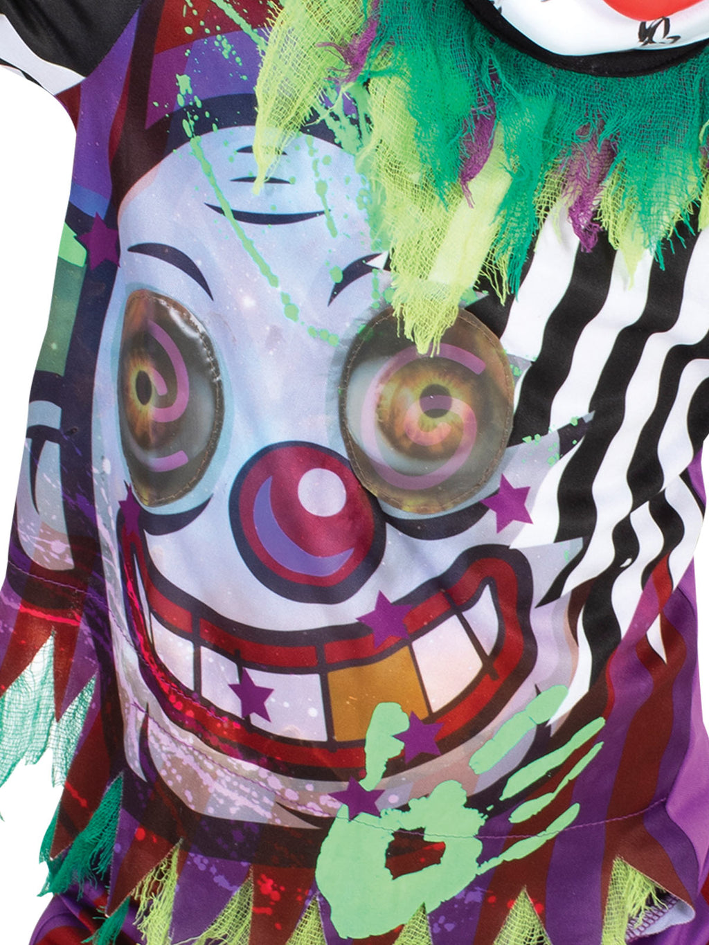 Close-up of the scary clown top's lenticular eyeballs and glow-in-the-dark green handprint