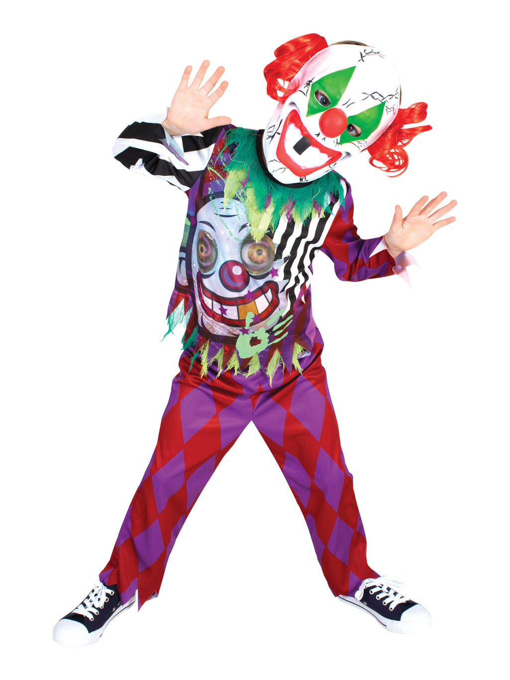 Child in a scary clown costume with lenticular eyeball top, striped mesh collar, diamond pants and evil clown mask