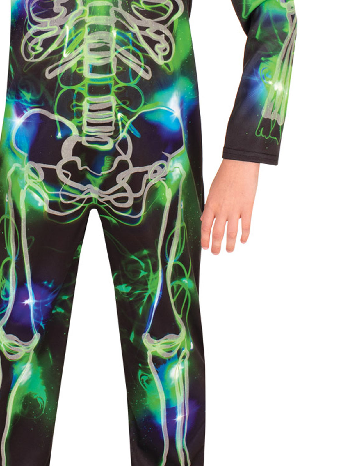 Close-up of the glow-in-the-dark skeleton jumpsuit's green and blue printed bones