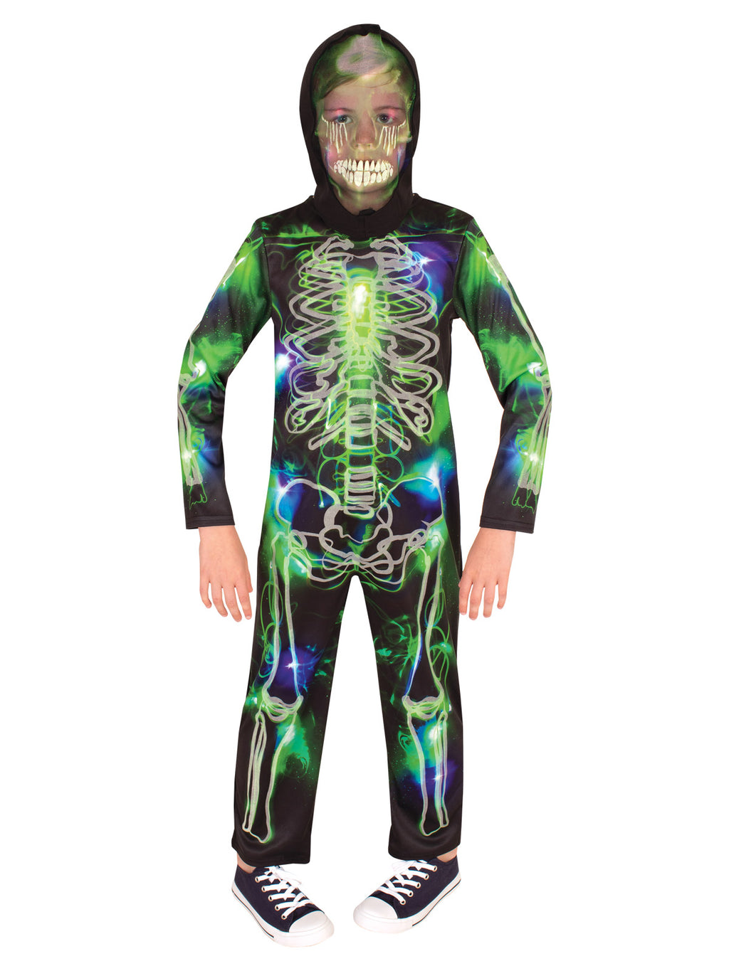 Child in a glow-in-the-dark skeleton jumpsuit with green and blue bone graphics and see-through snood