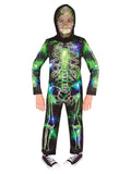 Child in a glow-in-the-dark skeleton jumpsuit with green and blue bone graphics and see-through snood