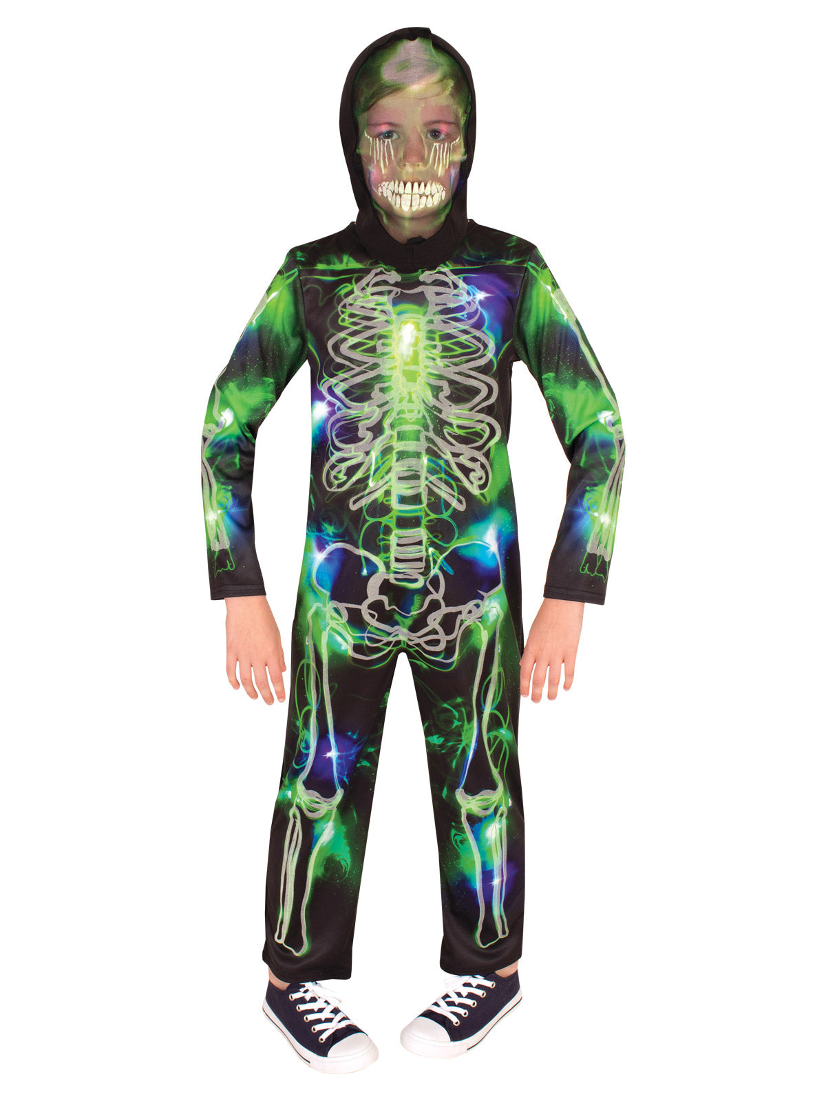 Child in a glow-in-the-dark skeleton jumpsuit with green and blue bone graphics and see-through snood