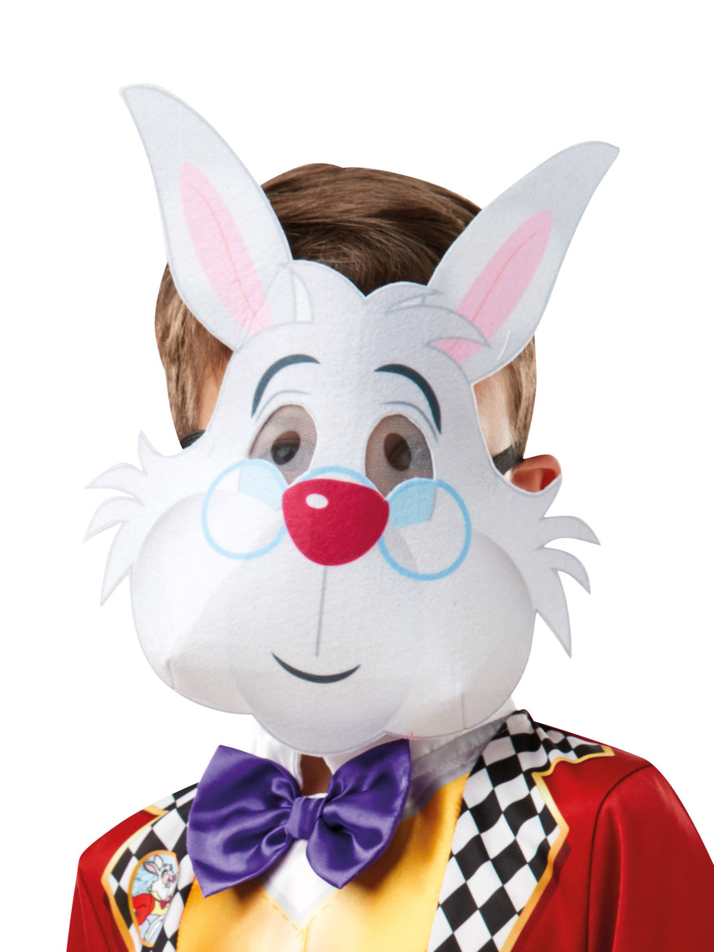 Close-up of the White Rabbit mask with pink-lined ears, glasses print and red nose, plus purple satin bow