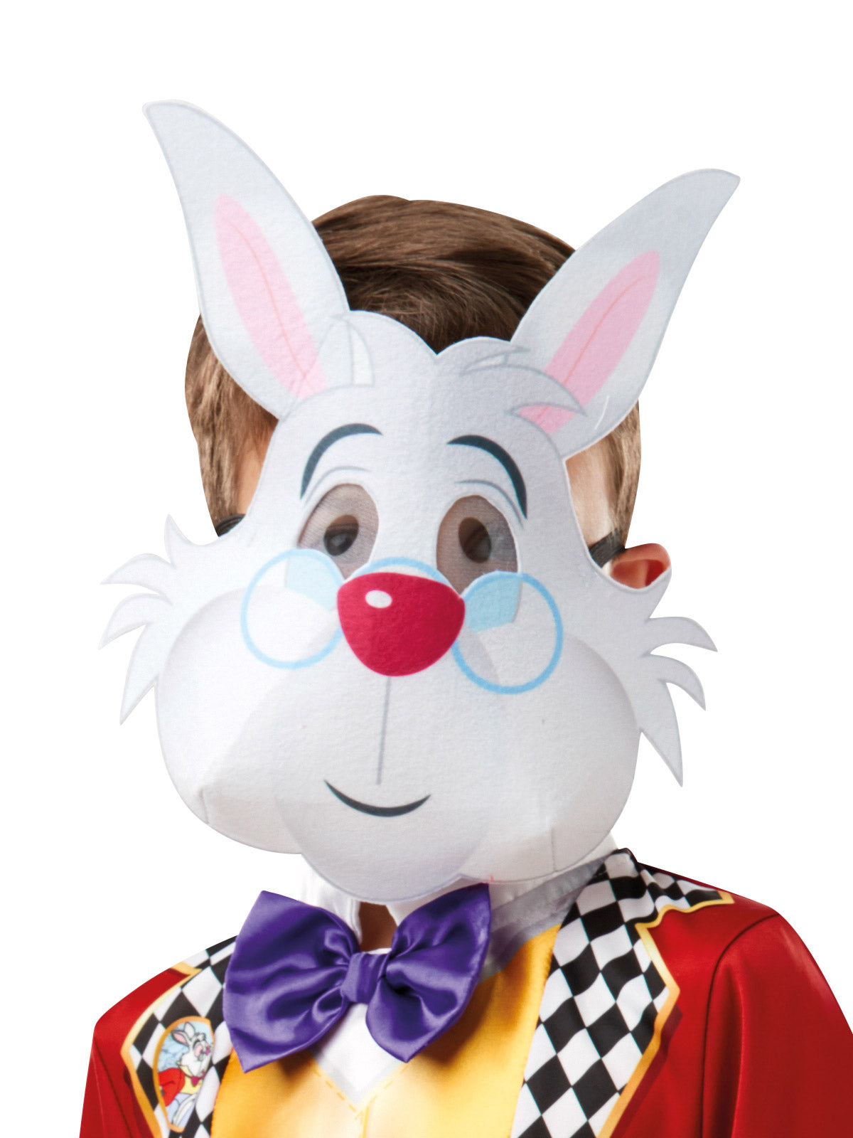 Close-up of the White Rabbit mask with pink-lined ears, glasses print and red nose, plus purple satin bow
