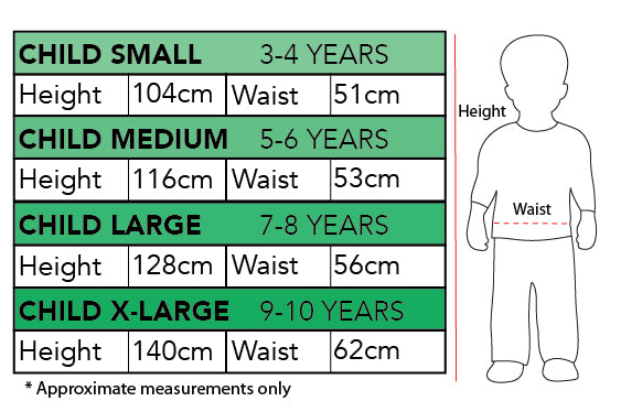 Size chart for the White Rabbit Alice In Wonderland Costume, Child
