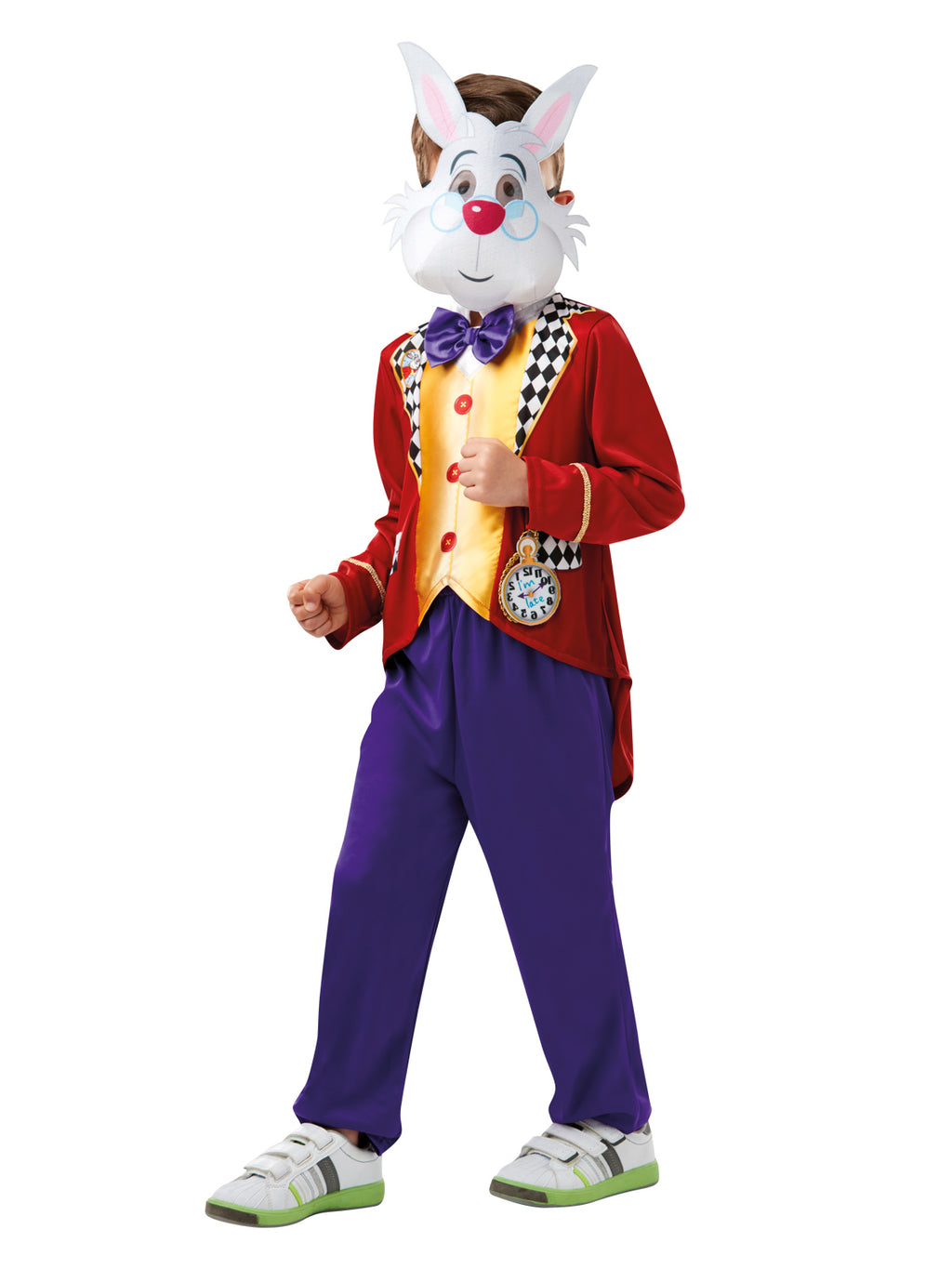 Boy in a White Rabbit costume with red jacket, chequered mock vest, purple bow, fabric clock, purple pants and rabbit mask