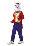 Boy in a White Rabbit costume with red jacket, chequered mock vest, purple bow, fabric clock, purple pants and rabbit mask