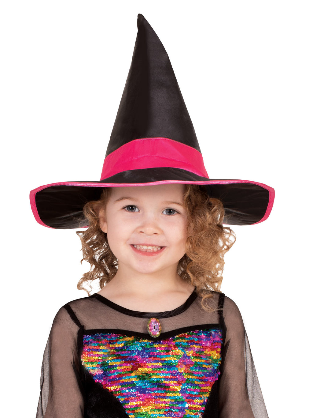 Close-up of the rainbow witch hat with pink band and the colour-changing sequin heart bodice