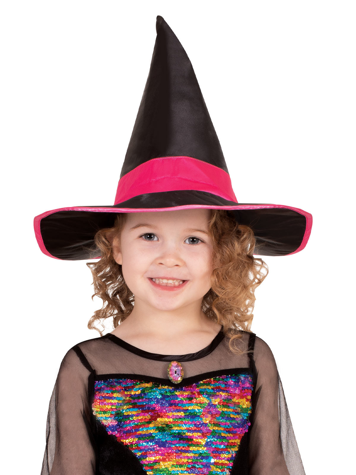 Close-up of the rainbow witch hat with pink band and the colour-changing sequin heart bodice