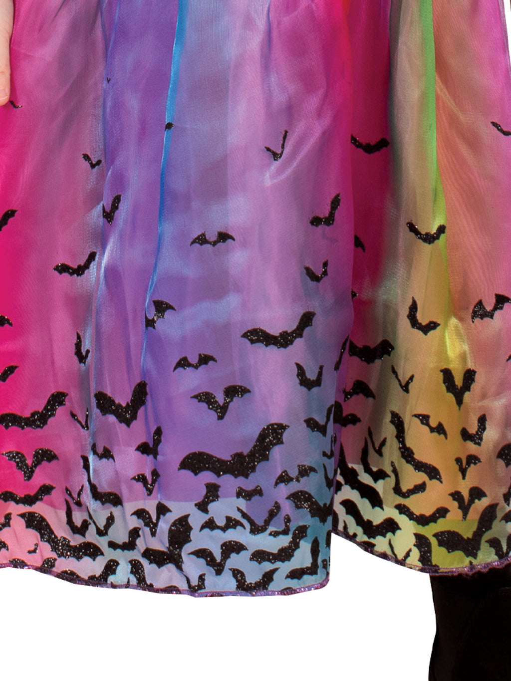 Close-up of the rainbow witch dress skirt printed with black bats along the hem