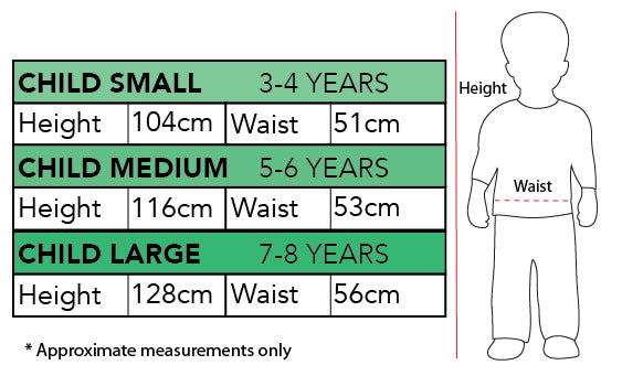 Size chart for the Rainbow Colour Magic Witch Deluxe Costume, Child