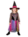 Girl wearing a rainbow witch dress with sequin bodice, sheer sleeves and pink-banded witch hat