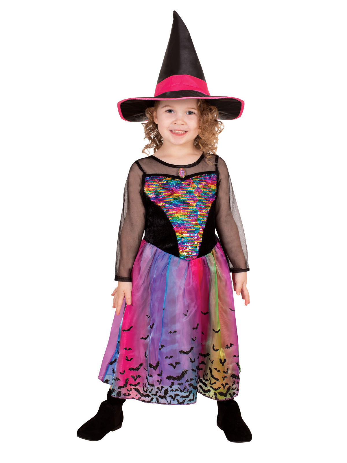 Girl wearing a rainbow witch dress with sequin bodice, sheer sleeves and pink-banded witch hat
