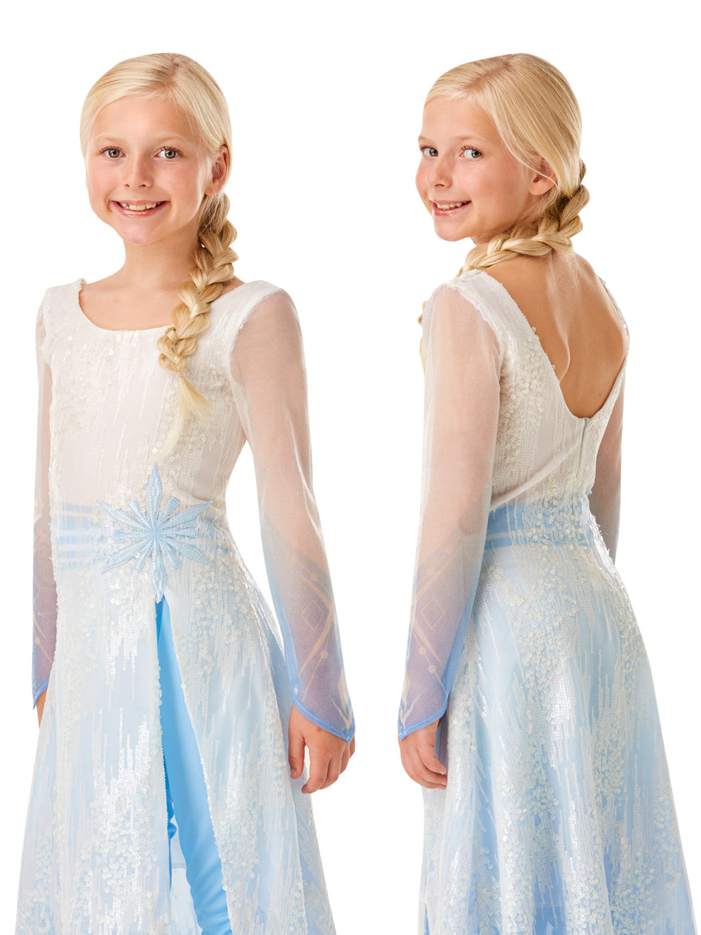 Front and back views of the Elsa white sequin dress worn without the coat