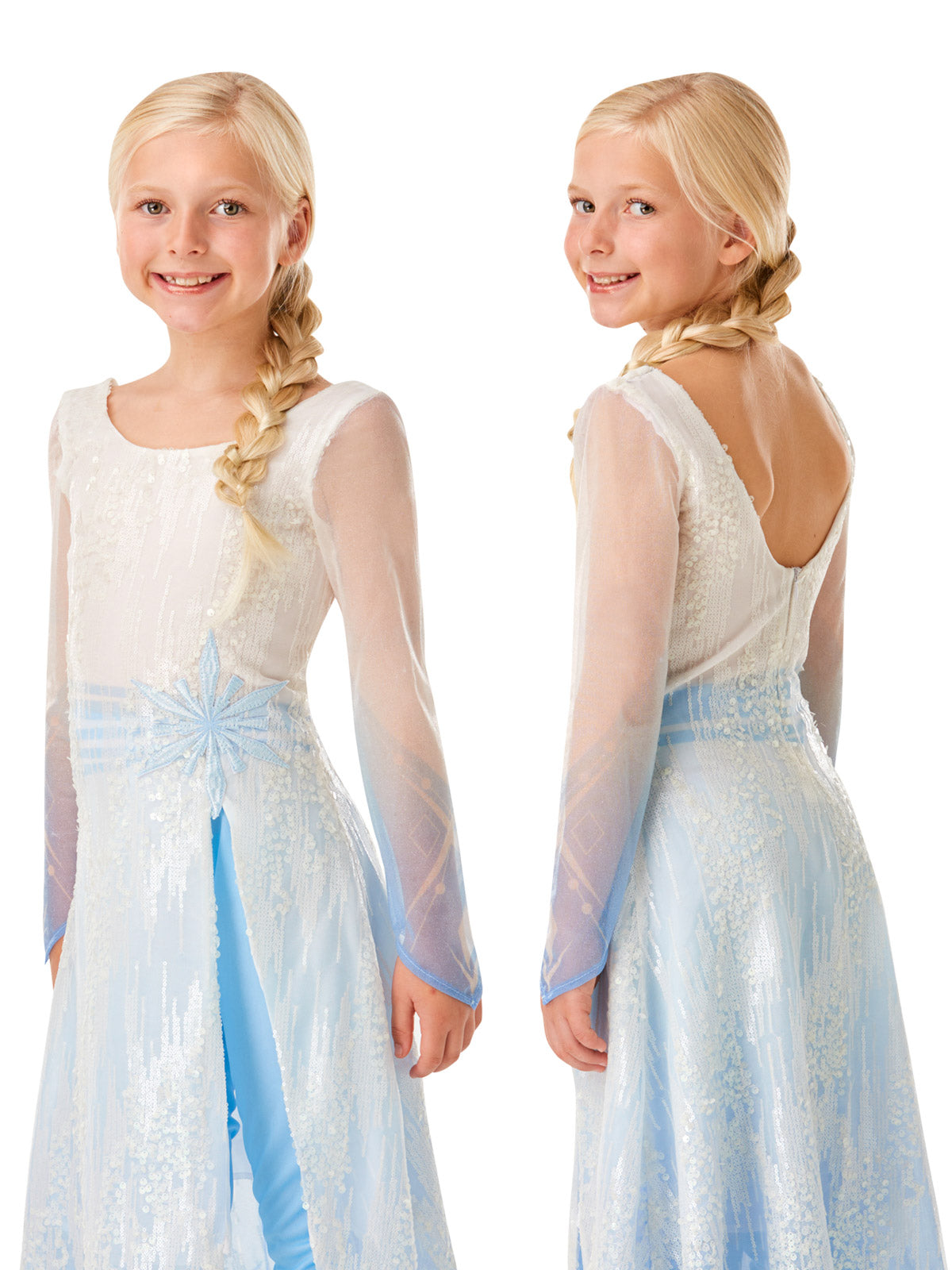 Front and back views of the Elsa white sequin dress worn without the coat