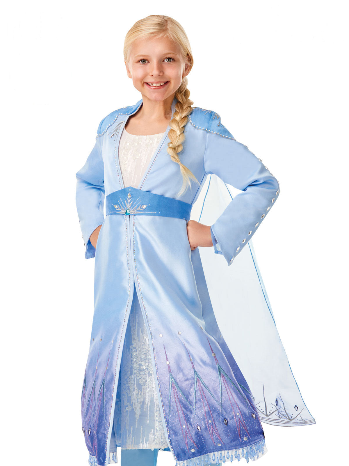Girl in Frozen 2 Elsa travel outfit with blue embroidered coat over white sequin dress