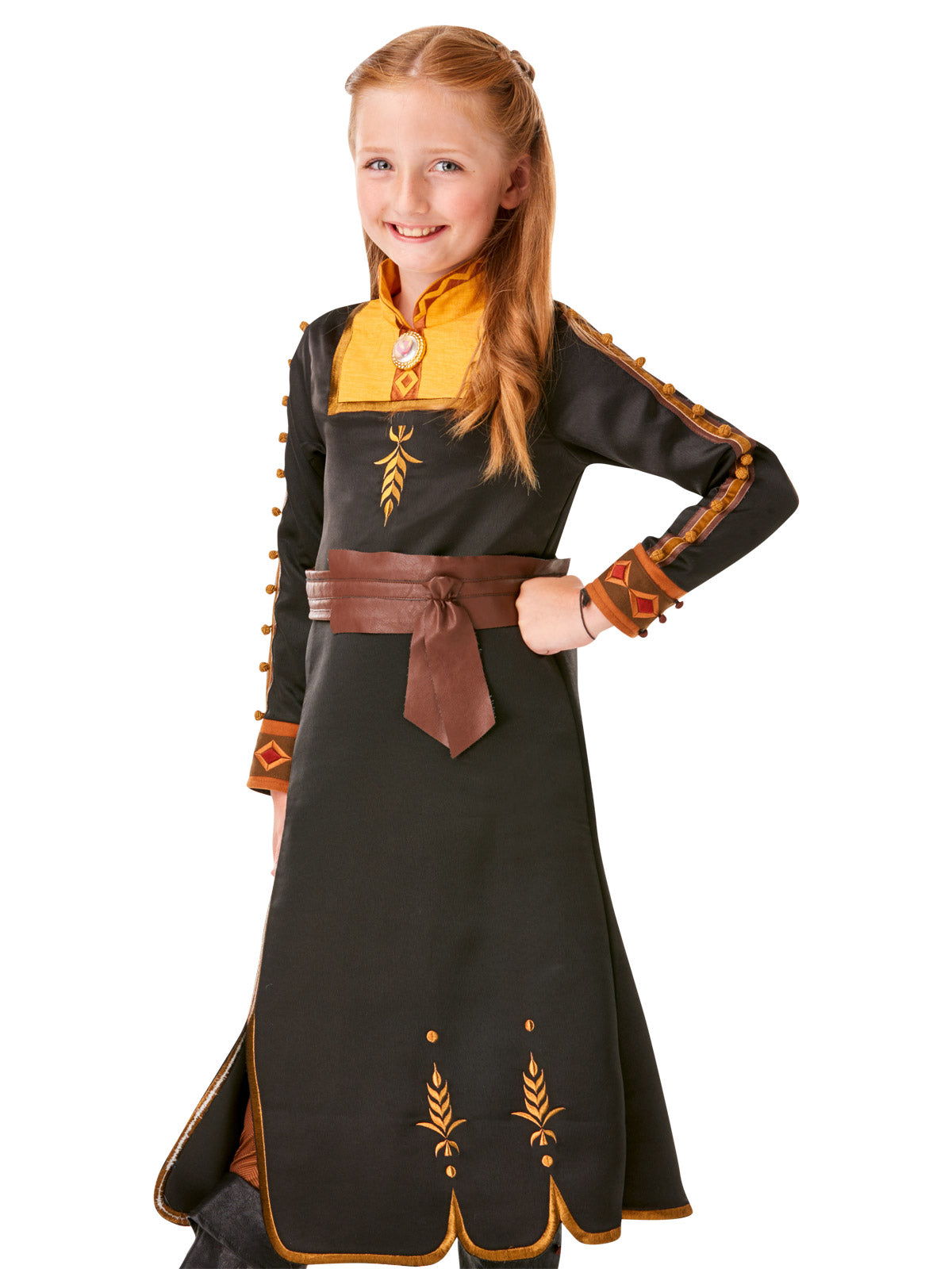 Girl in the Anna travel dress without the cloak, showing black dress, mustard collar and brown belt